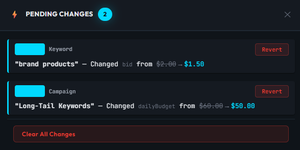 Pending changes review panel