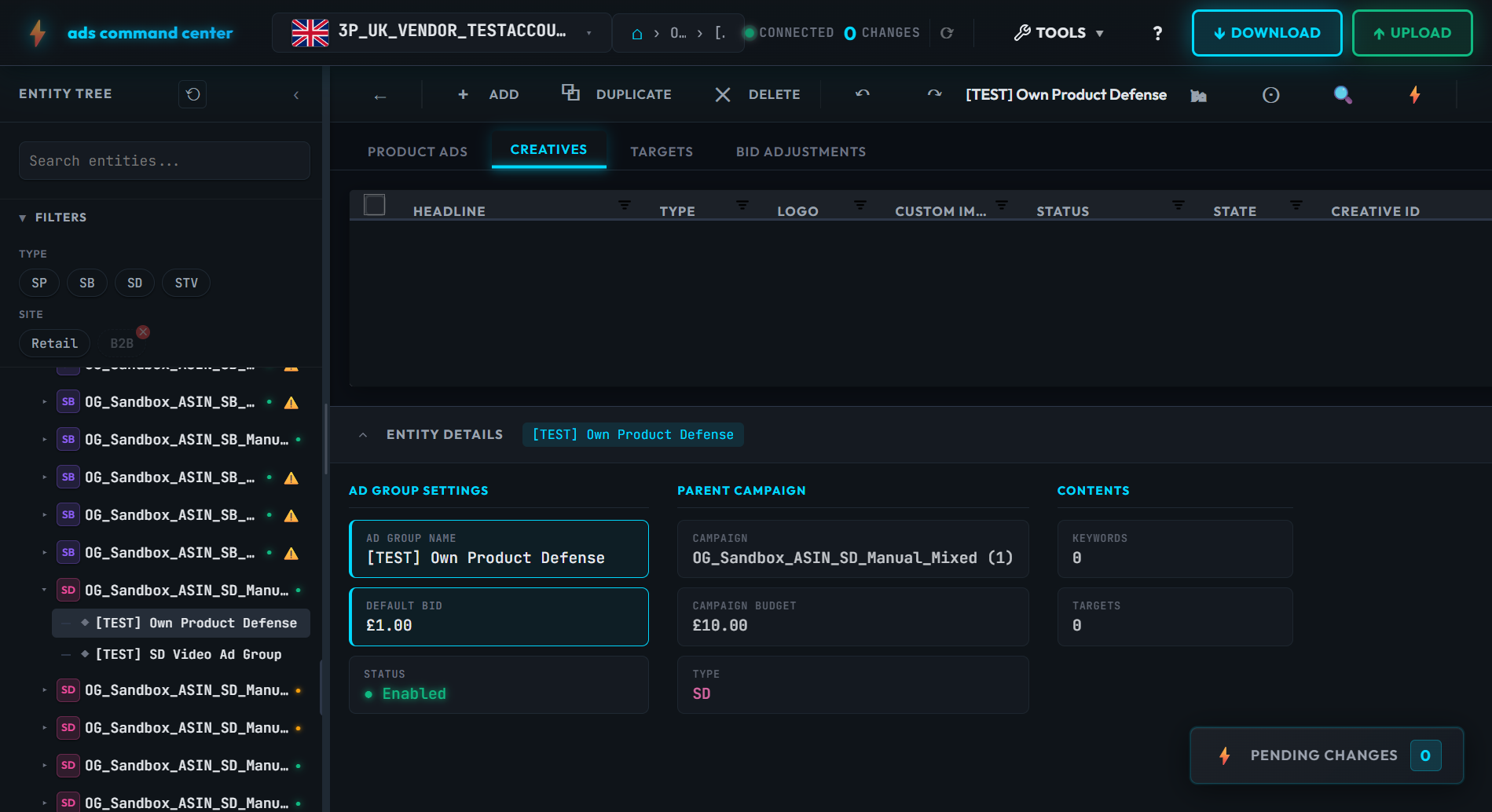 Sponsored Display creatives management with tabs for product ads, creatives, targets, and bid adjustments