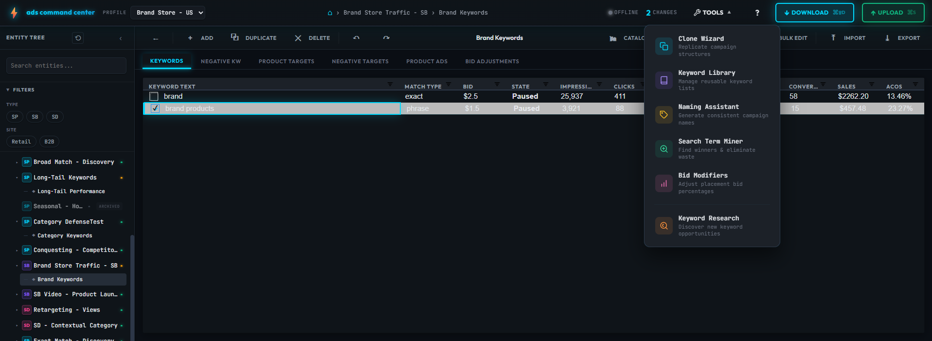 Productivity tools menu including keyword library, naming assistant, and search term miner